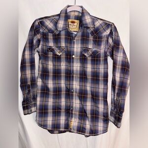 Larry Mahan Cowboy Shirt Boys L, Blue Plaid Pearl Snap Button Western